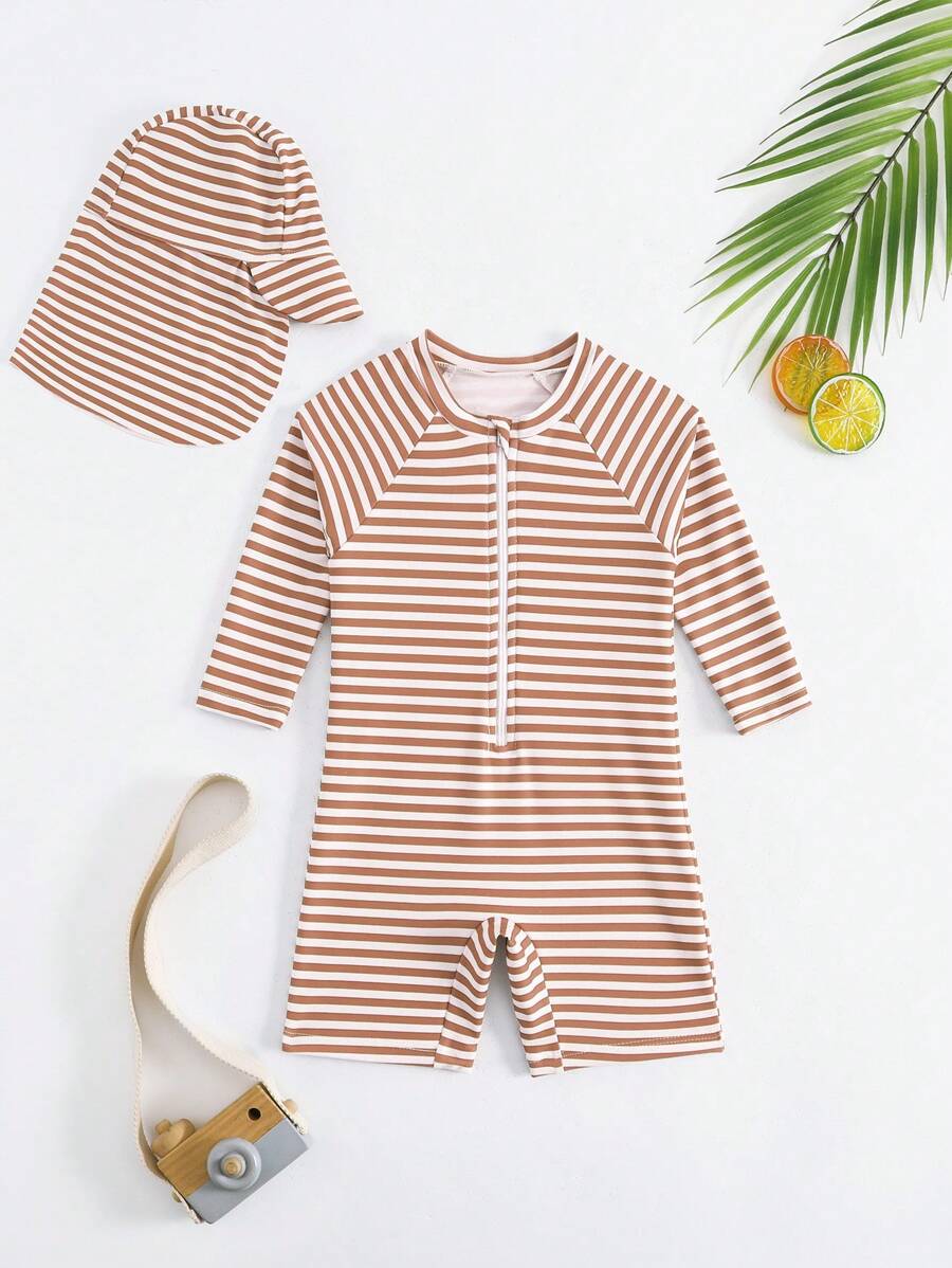 Baby Boy Random Striped One-Piece Swimsuit With Free Swim Cap - Multicolor - View 1