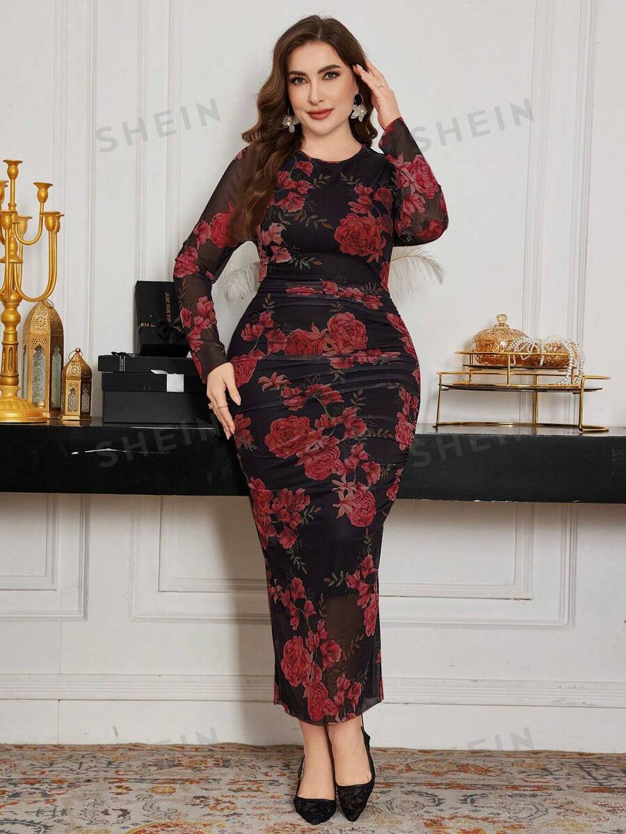 Modelyn Vestido largo de manga larga con estampado floral de rosa y de malla para tallas grandes, elegante