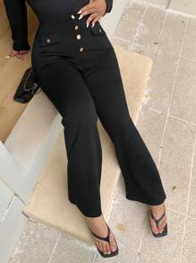 Dazy Plus Stretchy Slim Fit 4 Buttons Decor Bell Bottom Solid Color Pants, All Season Business Women Attire Women Dress Pants - Black - View 4