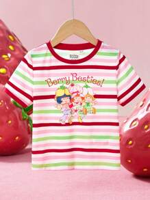 Strawberry Shortcake X SHEIN Maglietta a maniche corte con grafica a righe e cartoni animati per ragazza, estiva