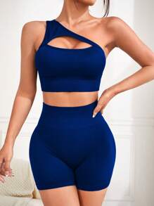 Seamluxe SHEIN Sport Bộ đồ thể thao hở lưng hở một bên vai tập luyện cho nữ Bộ đồ tập gym cho nữ - Màu xanh hải quân - Xem 7