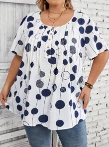 SHEIN CURVE+ Plus Size Women's Summer Polka Dot Printed Round Neck Short Sleeved Shirt - Multicolor - View 8