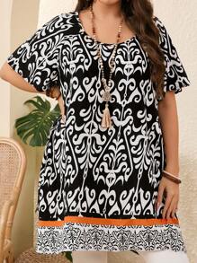 EMERY ROSE Plus Size Boho Retro Print Short Sleeve Tops Women,Long Shirts Women Vacation Round Neck Short Sleeve Shirts Women,St Patrick Day Shirt,Blouses For Women, Summer Outfits For Women,Vacation Outfits Woman,Casual Everyday Wear