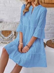 EMERY ROSE Women's White Hollow Embroidered Notch Collar Multi-Layer Split A-Hem Dress For Spring - Blue - View 6
