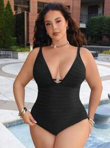 SHEIN Plus Size Women's One-Piece Casual Swimsuit For Summer Beach Vacation - Black - View 1