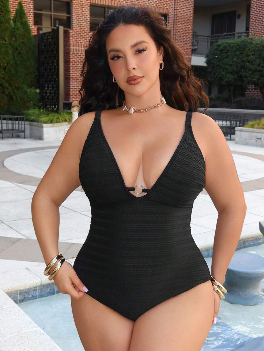 SHEIN Plus Size Women's One-Piece Casual Swimsuit For Summer Beach Vacation - Black - View 1