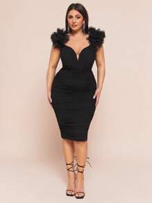 SHEIN BAE 大码女式黑色钢圈网眼装饰中长连衣裙，毕业季 - 黑色 - 查看 4