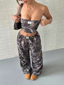 SHEIN PETITE Set da 2 pezzi da donna, top a fascia con stampa di foglie appassite vintage e pantaloni larghi casual, per l'autunno