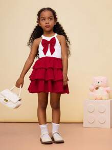SHEIN CutesyCutie 2pcs Young Girl Plain Knit Sleeveless Top And Mini Skirt Set,Birthday Dresses For Kids,Summer Clothing Sets - Red and White - View 4