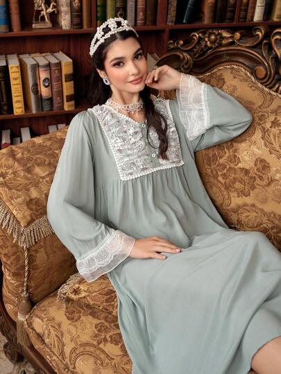 PalaceNights 蕾丝印花拼布复古宫廷风格长袖女式睡袍娃娃装奢华家居服，Moo Moo，秋季