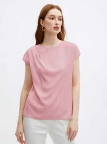 BizChic Women's Solid Color Round Neck Ruffle Decor Loose Cap Sleeve Top, Basic Urban Commute Style, Simple Elegant Fashion Business Casual, Suitable For Teachers And Office Wear