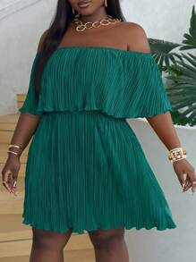 Slaydiva Off-Shoulder Ruffled Neckline Loose Green Dress In Pleated Fabric - Mint Blue - View 1