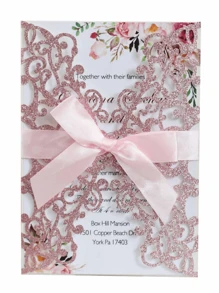 SHEIN 20 thiệp mời cưới thiết kế hoa hồng rỗng lấp lánh vàng kèm phong bì và thiệp RSVP, ruy băng buộc sẵn, dùng cho đám cưới, tiệc cô dâu, tiệc đính hôn, kỷ niệm quà tặng tuyệt vời nhất - Hồng - Xem 5