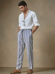 Manfinity VCAY Men's Striped Woven Straight Long Mid-Waist Casual Pants, Suitable For Daily Wear