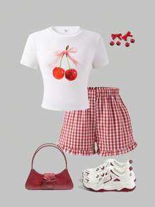 SHEIN ChillGRL Youth Tween Girl 2 Pieces Outfit: Bow Decor Cherry Print Slim Fit Short Sleeve Top And Plaid Shorts, Casual Daily & Party Wear, Summer, School, Campus, College - Multicolor - View 9