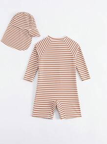 Baby Boy Random Striped One-Piece Swimsuit With Free Swim Cap - Multicolor - View 2
