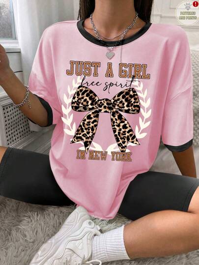 SHEIN Leap Crew 2pcs/Set Leopard Print Bow & "GIRL" Letter Graphic Casual Loose Tee Shirt And Shorts Set, Suitable For Teen Girls In Summer