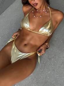 Aloruh Women's Bikini Bottoms Sexy And Elegant, Shiny Fabrics, Gorgeous Party, Women's Vacation, Women's Beachwear Beach Vacation Bikini Bottom For Woman - Gold - View 4