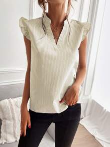 SHEIN Clasi Áo sơ mi sọc tay lửng cổ chữ V thường ngày cho nữ, thích hợp cho mùa hè - Màu Khaki - Xem 5