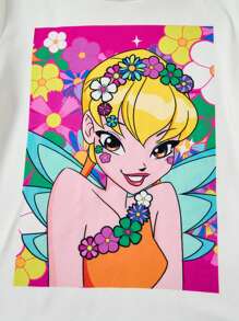 The Winx X SHEIN 少女公主图案粉色甜美可爱白色休闲短袖T恤