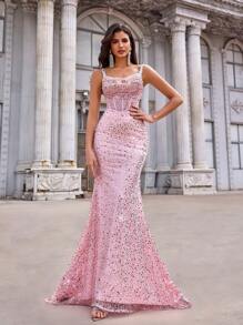 Aureia 优雅奢华的弹力亮片褶饰美人鱼裙，适合婚礼、派对、度假、舞会、正式活动、派对礼服、婚礼宾客礼服、晚礼服、长袍