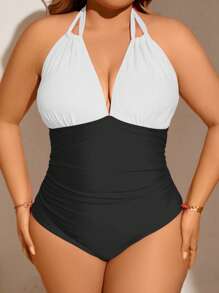SHEIN Swim Curve Plus Size Color Block Backless Halter One-Piece Swimsuit For Summer Beach Vacation - Black and White - View 5