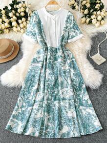 SHEIN LUNE 大码随机印花夏季休闲纽扣半襟连衣裙 - 藍白色 - 查看 1