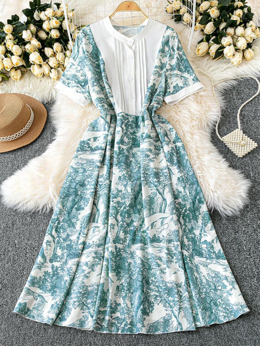 SHEIN LUNE 大码随机印花夏季休闲纽扣半襟连衣裙 - 藍白色 - 查看 1