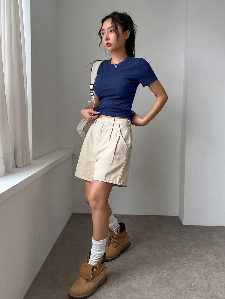 Slim Fit Solid Color Round Neck Short Sleeve Casual T-Shirt For Women