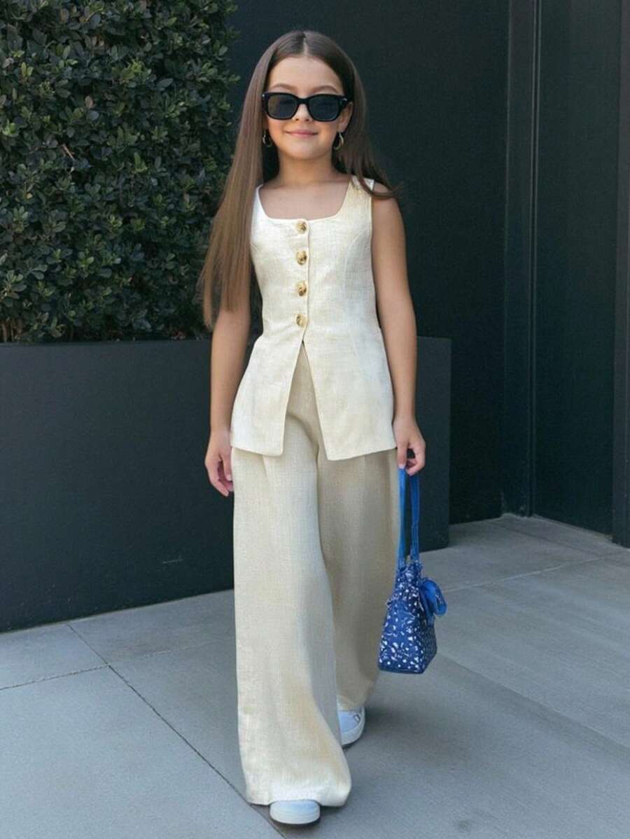 SHEIN Nova Glow 少女休闲街头风纯色V领无袖上衣和直筒裤套装毕业装 - 杏色 - 查看 1