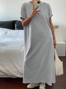 Livesso Summer New Loose Casual Solid Color Round Neck T-Shirt Style Women Mid-Length Dress Sundress - Grey - View 6