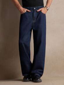 AKNOTIC 男士深蓝色梭织中腰直筒休闲牛仔裤，适合日常穿着、夏季、度假、派对、男士礼物、通勤、上学、狂欢 - 藏蓝色 - 查看 4