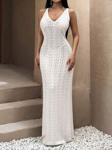 RueChic WOMEN V-Neck Sleeveless Knit Maxi Dress With Side Slits And Fitted Waist Detail Cover Ups -YEG - Beige - View 3