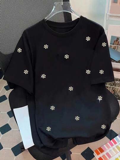 SHEIN 大码女式手工串珠装饰圆领 T 恤，适合夏季