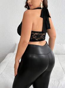 SHEIN Privé Plus Size Women Deep Draped Neck Halter Ruched Lace Black Seductive Metal Decor Sexy Elegant Tank Top - Black - View 2