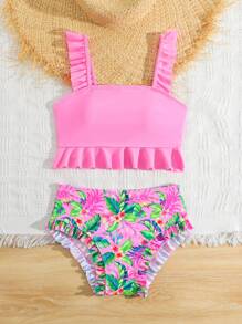 Conjunto de bikini para niña preadolescente con Top de tirantes con volantes y Bottom triangular estampada en unicolor para playa y resort - Rosa Pálido - Ver 4