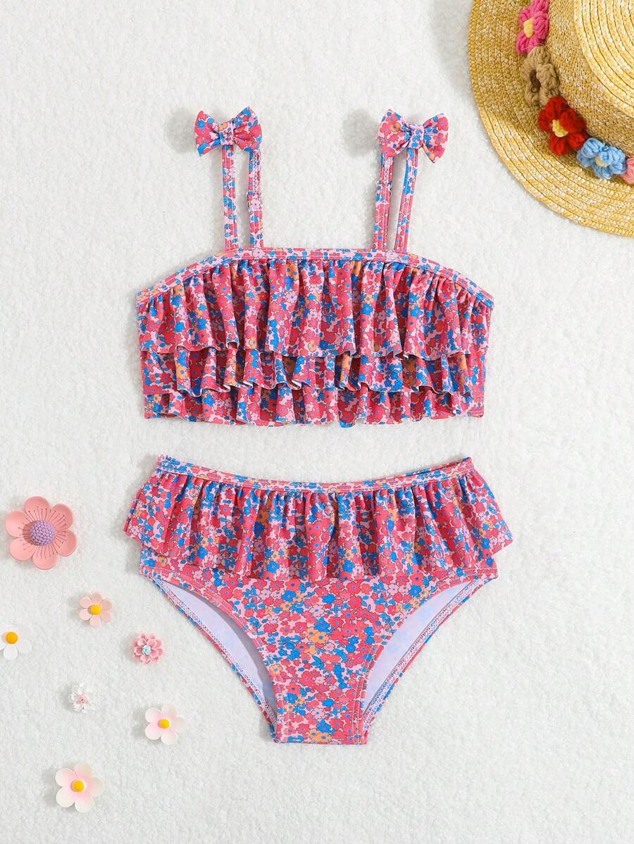 Young Girl Random Print Ruffled Two Pieces Swimwear Set - Multicolor - View 1