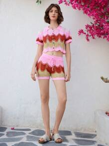 Skyraze 女士时尚波浪条纹渐变色 Polo 领短袖薄款开衫，女士夏季服装女式两件套，夏季海滩度假 - 彩色 - 查看 2