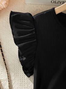 2pcs Tween Girls Solid Flounce Top & Leopard Pants Set, Minimalist Fashion For Summer - Black - View 7