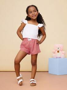 SHEIN CutesyCutie Young Girl Woven Solid Letter Print Elastic Waist Casual Shorts - Red - View 6