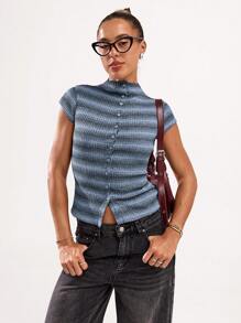 SHEIN BAE Women Casual Striped Polo Collar Short Sleeve Button Front T-Shirt - Blue - View 1