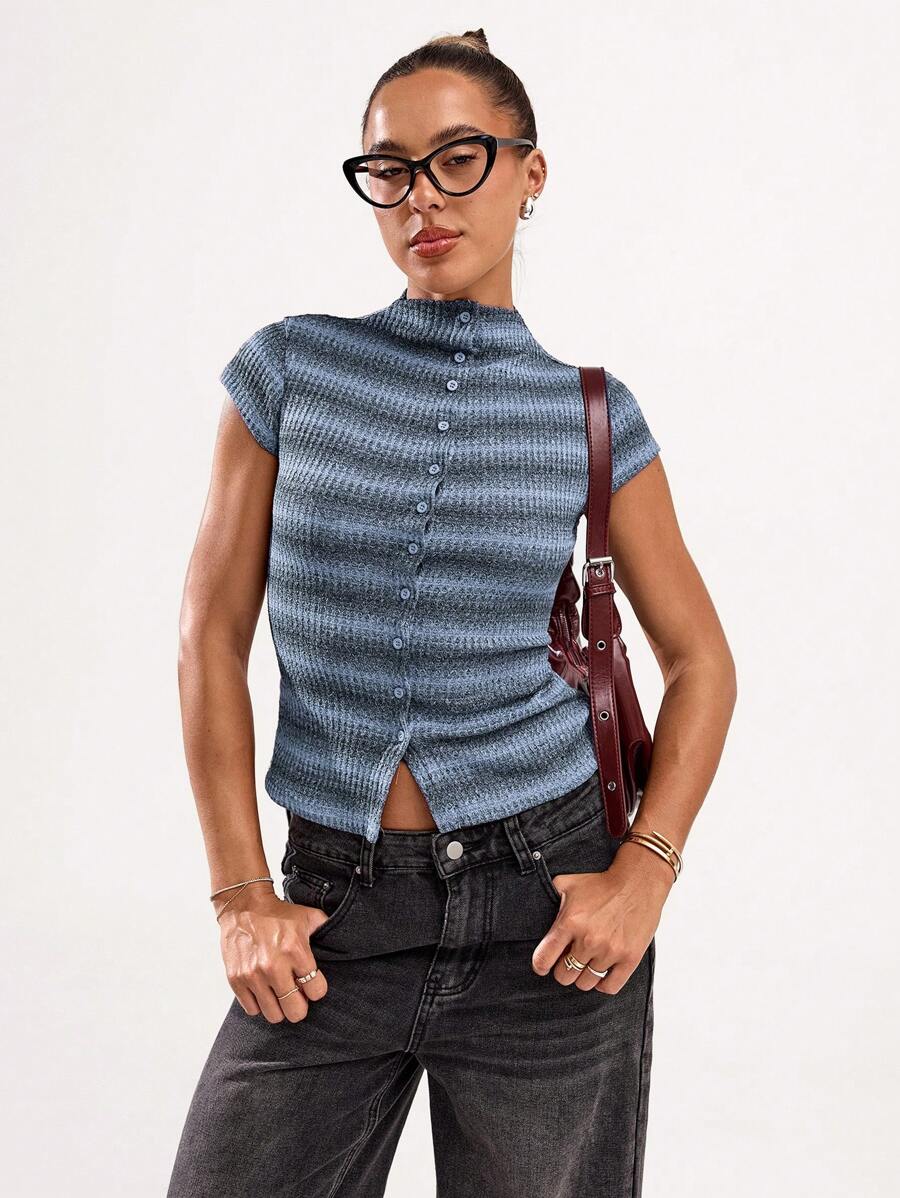 SHEIN BAE Women Casual Striped Polo Collar Short Sleeve Button Front T-Shirt - Blue - View 1