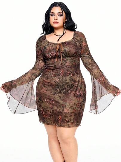 Fairycore Damen Große Größen Boho Western Wear Kleid mit Blumen- und Paisleydruck, Vintage Kleid mit weiten Ärmeln