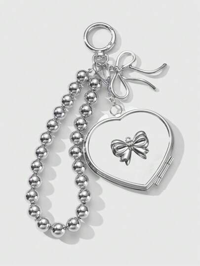 Kawaii 1 pièce Porte-clés/Porte-clé en forme de cœur en verre double face avec un nœud papillon en perles CCB argentées, fait main, délicat, et de haute qualité. Accessoire pour femme, pour un port quotidien, cadeau de festival