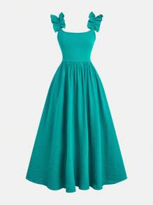 SHEIN Leap Crew Tween Girl Elegant Backless Bowknot Ruffle Collar Sleeveless Dress - Teal Blue - View 8