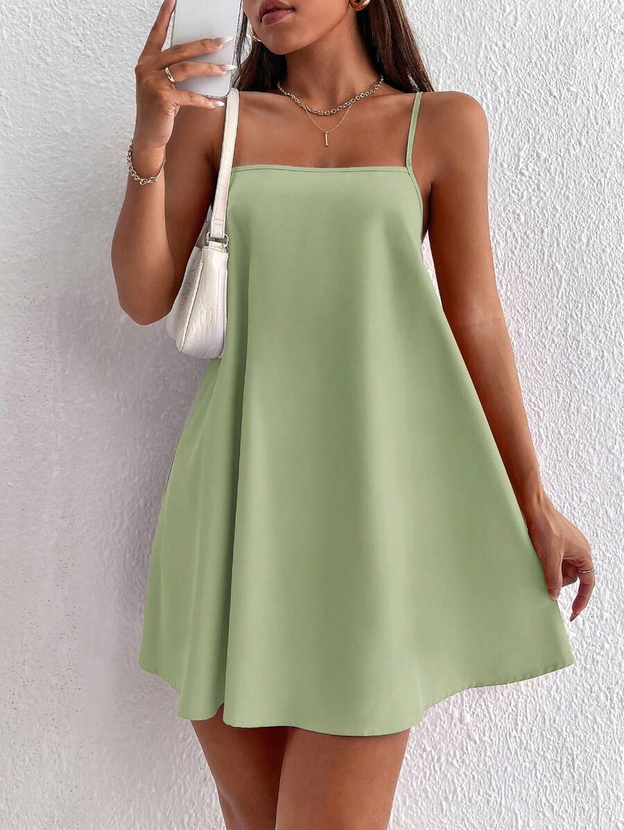 SHEIN PETITE 夏季休閒純色細肩帶迷你洋裝,波希米亞風,適合女性與小個女生的夏季洋裝 - 薄荷綠 - 查看 1