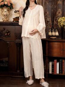 Moonlight&Mama Contrast Floral Trim V-Neck Top & Pants Maternity Pajama Set, Fall Winter Clothes - Apricot - View 5