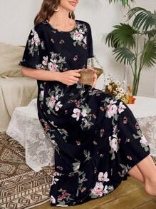 Serenescape Camisón largo con estampado floral y dobladillo con volantes abullonados