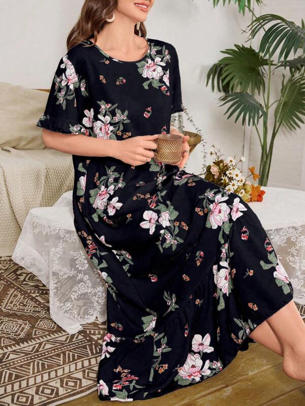 Serenescape Camisón largo con estampado floral, volantes y dobladillo abullonado, lujoso atuendo de estar en casa, Moo Moo