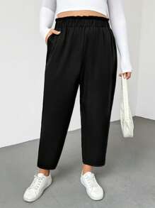 SHEIN Essnce Plus Size Women's Summer Cone Pants, Casual Pants, Cropped Pants, Black Pants, Comfortable Pants,Summer Outfits For Women Flowy Pants Baggy - Black - View 3